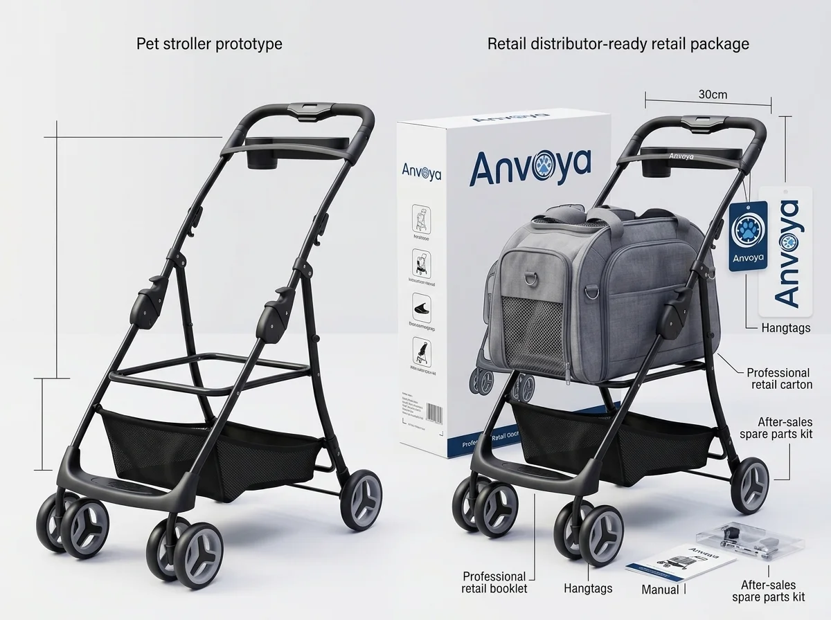 finished pet stroller sample versus distributor ready product