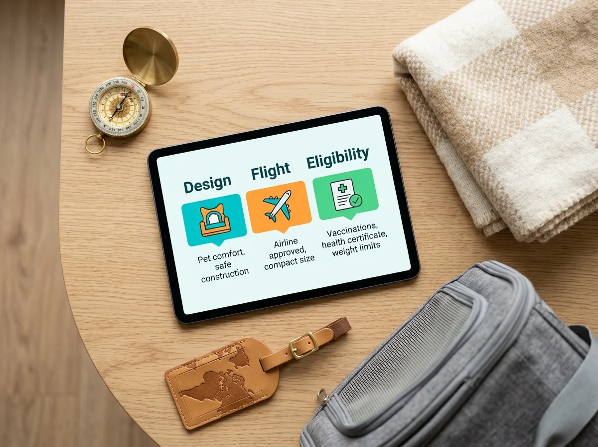 Three-part airline compatibility diagram showing carrier design, flight compatibility, and pet eligibility