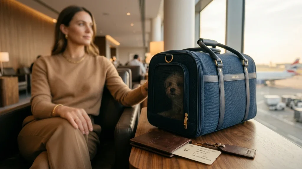 A woman sitting in an airport lounge with a blue pet carrier containing a small dog on the table beside her.