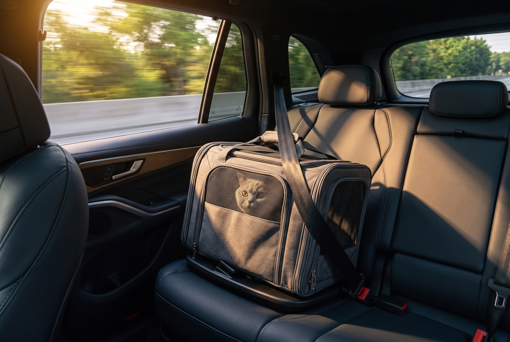 safe cat in a car inside secured carrier