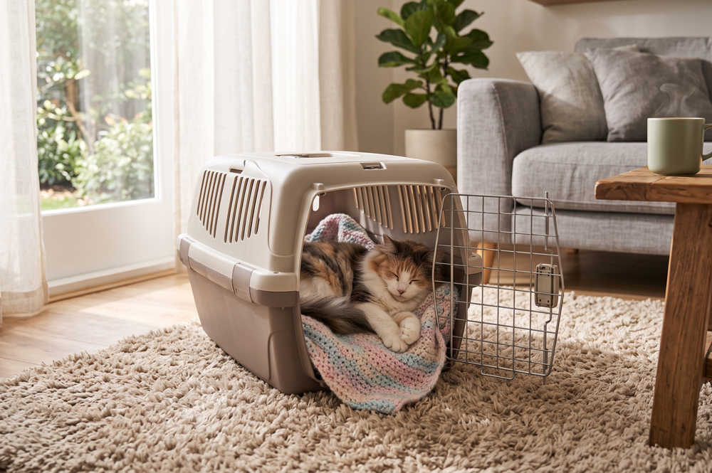 A warm, sunlit modern living room with gentle morning light. A sturdy hard-sided cat carrier rests on a soft, plush beige rug