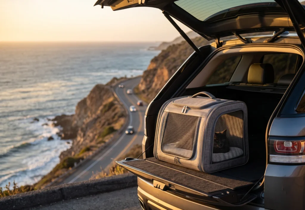 A gray pet carrier with a black cat inside on the open trunk of a car, overlooking a coastal road and sea at sunset.