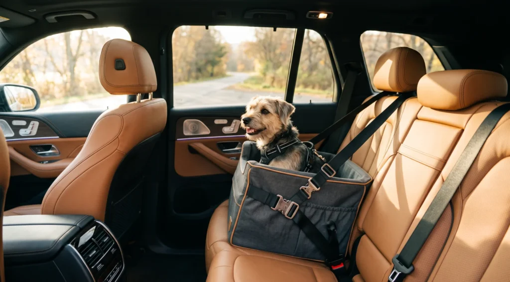 Small dog in a secure car seat traveling in the backseat of a car with leather interior, harnessed for safety.