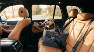 Small dog in a secure car seat traveling in the backseat of a car with leather interior, harnessed for safety.