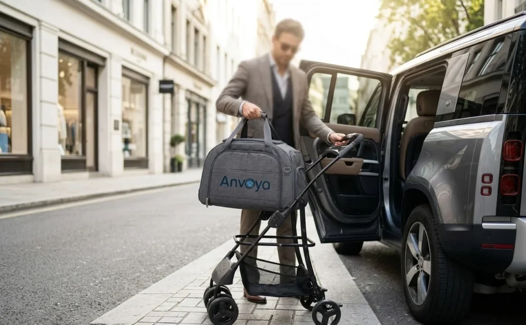 Man in a suit placing a gray Anvoya bag on a stroller, next to an open car door, in a stylish city street.
