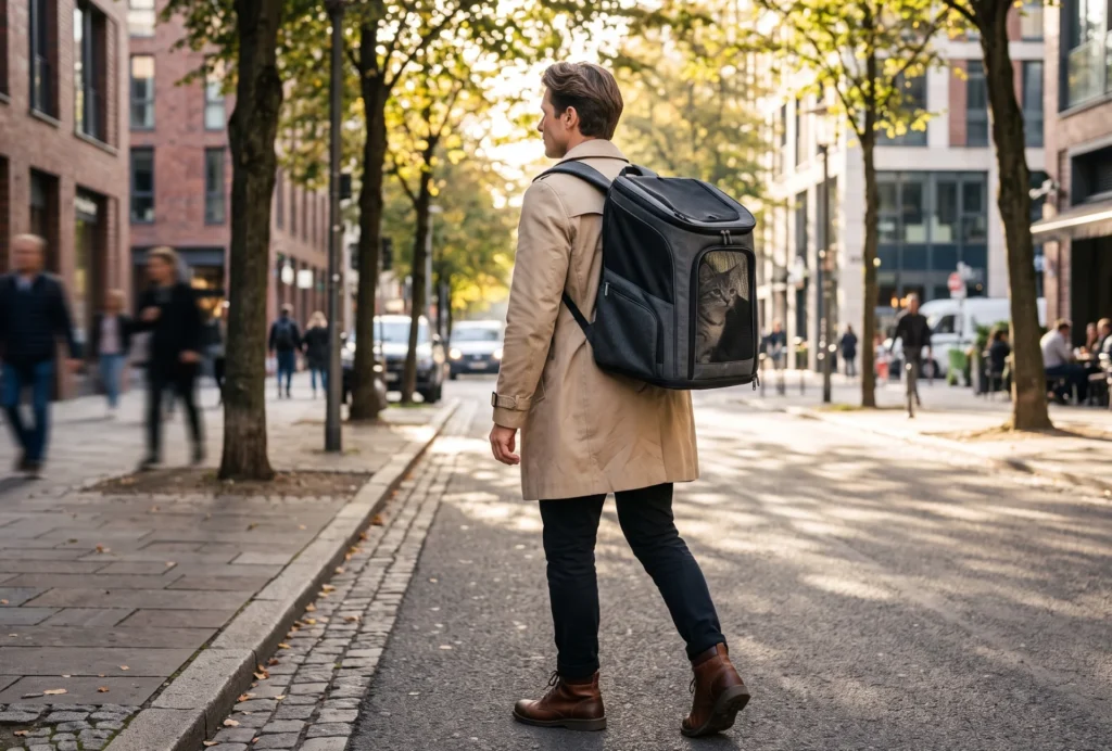 A man wearing a beige coat walking in a city street with a transparent cat backpack showing a cat inside.