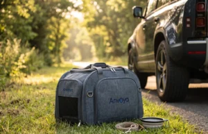A blue pet travel bag labeled 'Anvoya' sitting in grassy outdoors near a parked SUV, with a collapsible bowl and leash beside it.