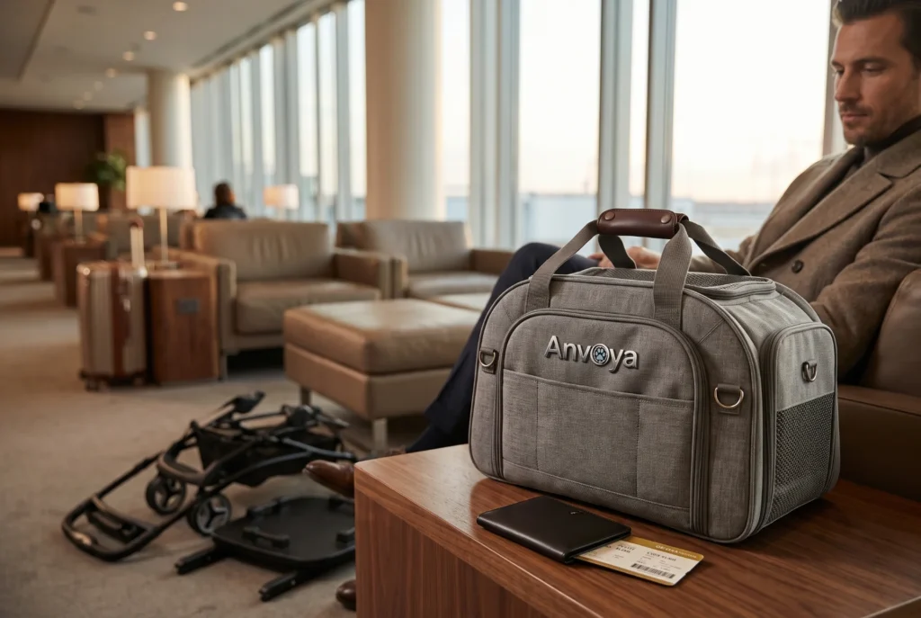 Gray duffle bag with leather accents on a table in an airport lounge, alongside a wallet and boarding pass, with a man seated in the background.