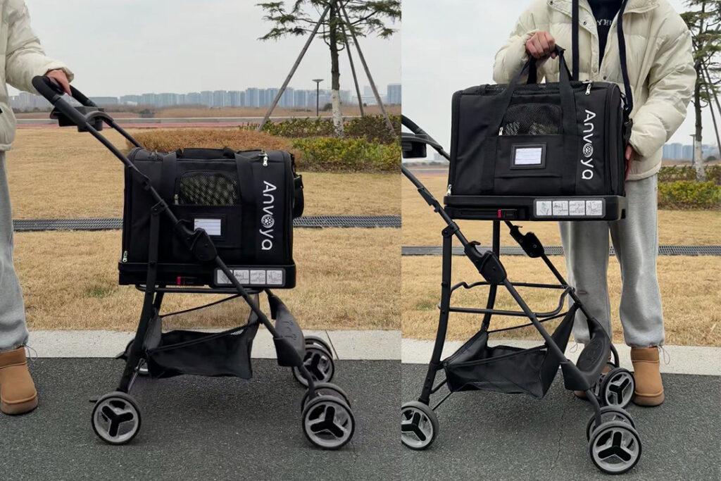 Modular pet stroller docking interface close up